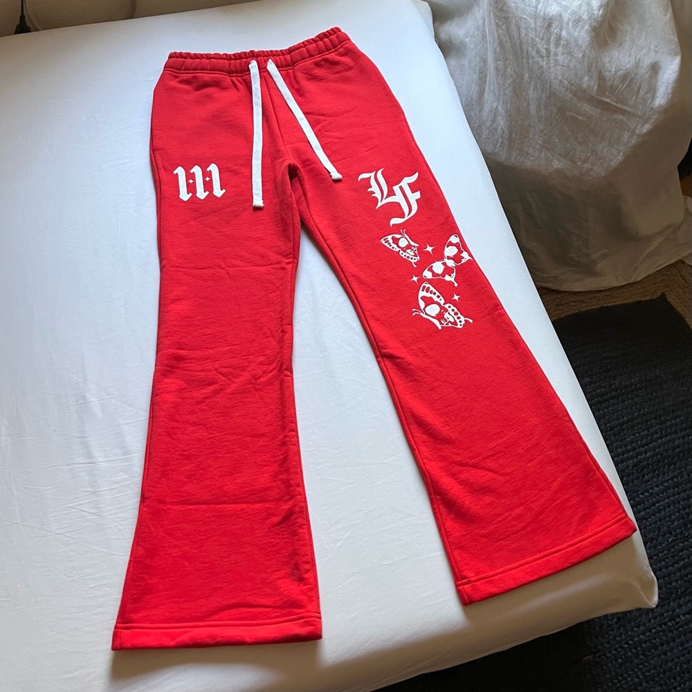 LA FRANCE red‎ knit fleece butterfly logo graphic bootcut sweat pants